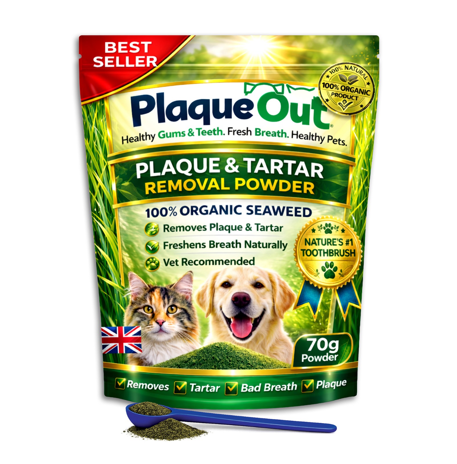 PLAQUE OUT 70G Cat Dog Pouch - Oral Plaque Off Tartar Bad Breath ORGANIC Powder