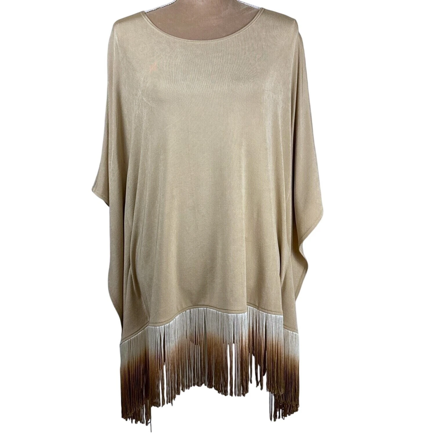Chicos Travelers Poncho Sweater Top Sm/Md Tan Ombre Fringe Boho Stretch Western
