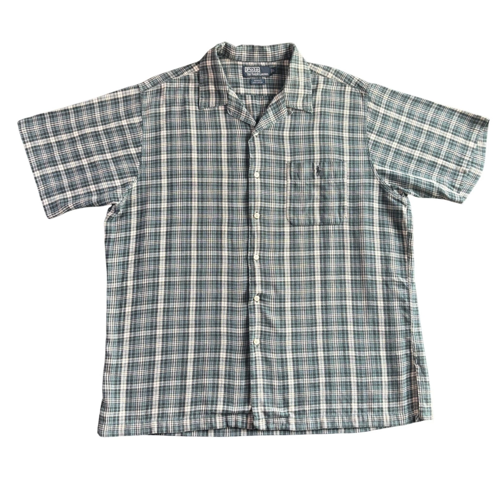 Polo Ralph Lauren Adams Mens Large Green Plaid Cotton Short Sleeve Camp Shirt