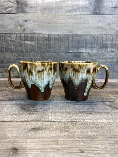 Vintage Canonsburg Drip Glaze Coffee Tea Cups Mugs USA~ Set Of 2 Dark Brown