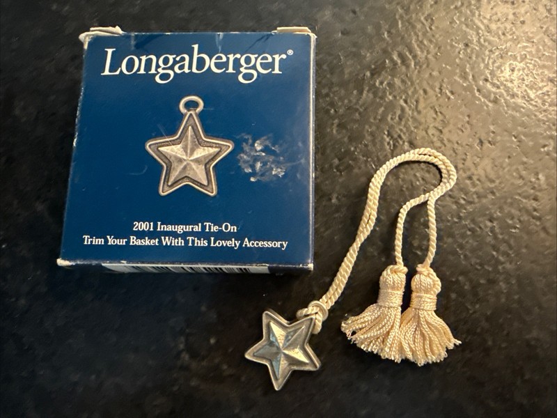 Longaberger 2001 Inaugural Basket Tie On  73903 Pewter Star White Tassels Nice!
