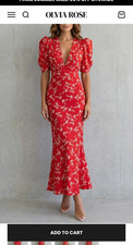 Olivia Rose Red & White Floral V-Neck Puff Sleeve Maxi Dress, Women’s L
