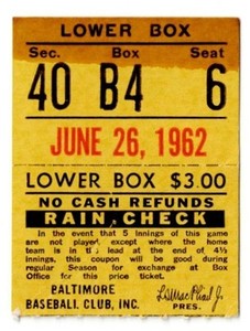 1962 BALTIMORE ORIOLES vs CHICAGO WHITE SOX ticket stub 6/26/62 Milt Pappas win