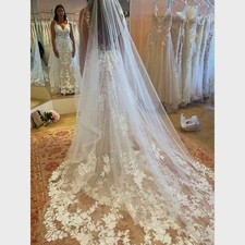 New Extra Long Dark Ivory Bridal Veil Wedding Lace Trim Floral Cathedral Beige