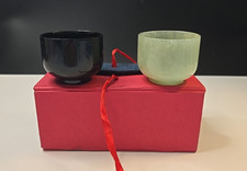 Vtg Japanese Stone jade/jewels TEACUPS 2pcs In Red & Blue Gift Box