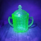 NEAT! VTG MCM COLLECTOR'S Hazel Atlas Green Uranium Glow 2 PC Sugar Bowl Handles