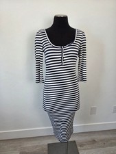 Heart & Hips Navy White Striped Bodycon Midi Dress Ribbed Soft Stretchy Henley M