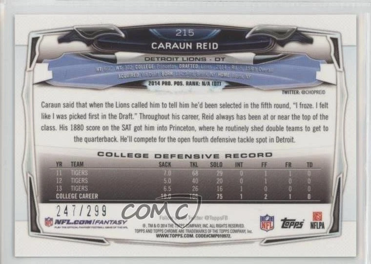 2014 Topps Chrome Black Refractor /299 Caraun Reid #215 Rookie RC - Image 2 of 2