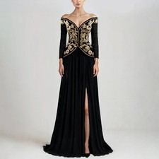 Black Off The Shoulder Evening Dresses Lace Appliques Long Sleeves Party Dresses