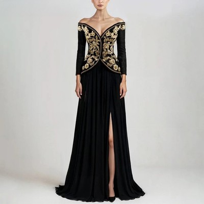 Black Off The Shoulder Evening Dresses Lace Appliques Long Sleeves Party Dresses