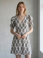 Express White V-Neck Dress Size M Puff Sleeve Paisley Print Metallic Spring