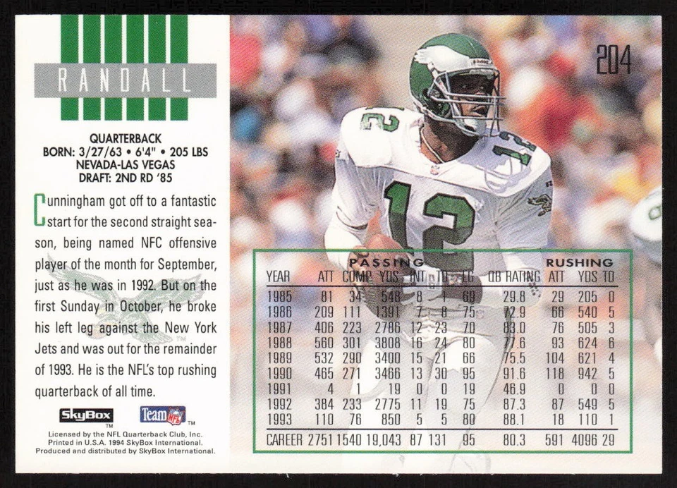 1994 SkyBox Impact Randall Cunningham #204 Philadelphia Eagles - Image 2 of 2