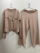 Women Co-Ord Set Beige Coord Dress Designer Buttons 3 Piece Set Trouser Top Set