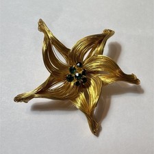 Gold Tone Flower Brooch Pin Green Round Rhine...