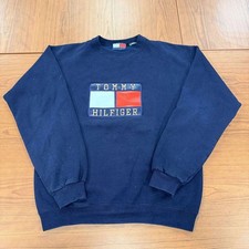 Vtg 90s Tommy Hilfiger Navy Blue Flag Logo Crewneck Sweatshirt