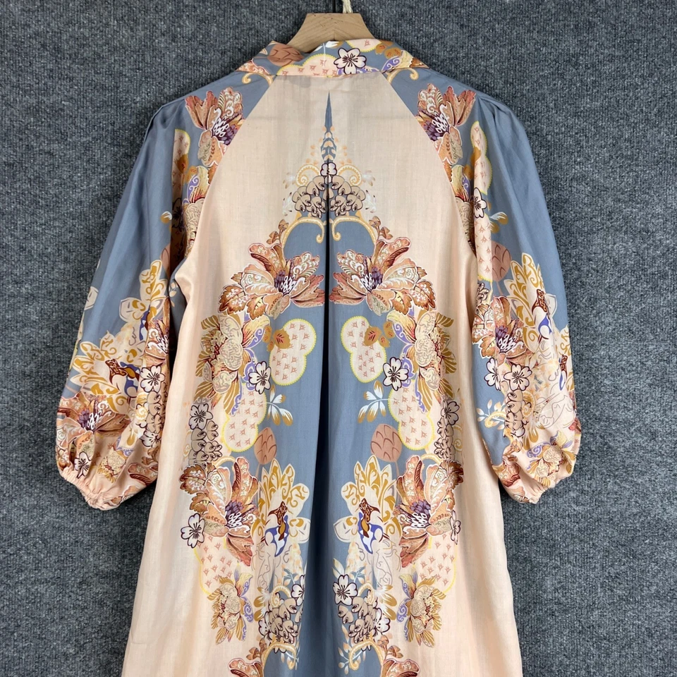 Aje. Floral Print Silk Blend Midi Shirt Dress Puff Sleeve Button Front Split Hem - Image 4 of 4