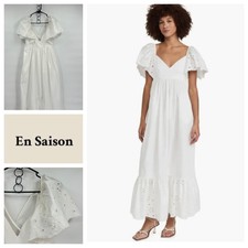 En Saison Barnette White Eyelet Flutter Sleeve V Neck Maxi Dress XS