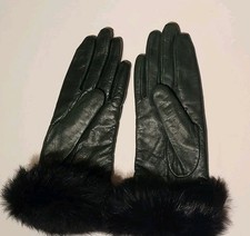 Vtg Grandoe Soft Green Faux Leather Women's Gloves Fur Wrist Acrylic Lined Sz 7