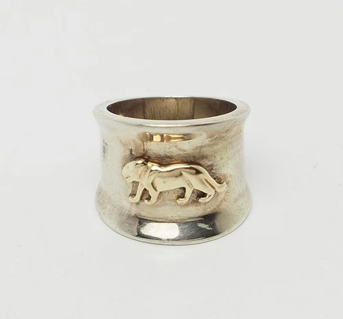 Vintage sterling silver 14k gold panther wild cat wide band ring size 6.5