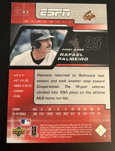 2005 Upper Deck ESPN Baltimore Orioles #11 Rafael Palmeiro - Picture 2 of 2