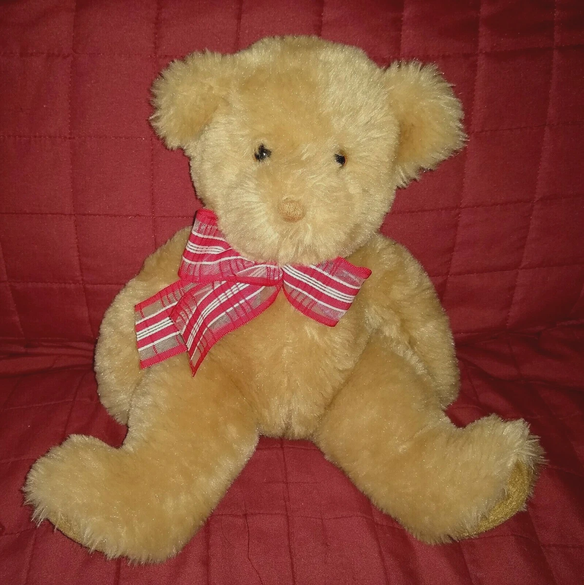 Douglas TEDDY BEAR Lt Brown Soft Fur 10in Plush 2013 Red Stripe Bow Cuddle Toy