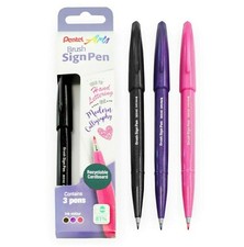 Pentel Arts Brush Sign Pen SES15C 81% Recycled Plastic Black,Pink, Purple 3 Pack