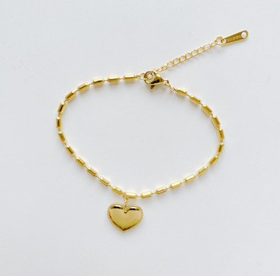 Gold Heart Oval Beads Link Chain Stainless Steel Bracelet 6-8'' Adjustable AC1
