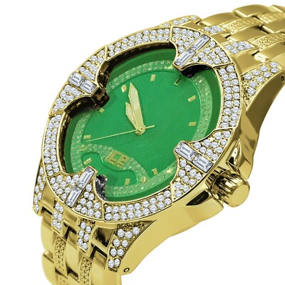 New Men's Luxury Yellow Gold Finish w/ Green Face ''Solitude'' Custom Wristwatch