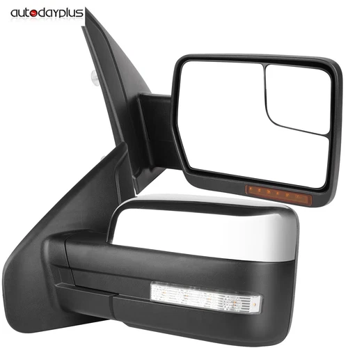 Power Heated Pair Chrome Turn Signal Puddle Lamp Side Mirrors For 2004-14 F150