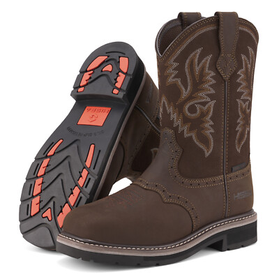 HISEA NINGO Men Leather Western Cowboy Boots Steel/Soft Toe Waterproof Work Boot