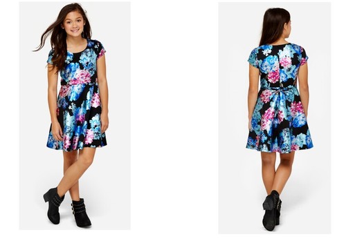 Justice Girl's Black Metallic Foil Floral Scuba Fit & Flare Dress Size 7 NWT - 第 2/4 張圖片