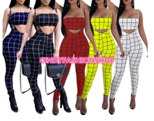 Women Plaid Tops +Pants Two Piece Set Tracksuit Strap Slim Play suit Jumpsuit J2