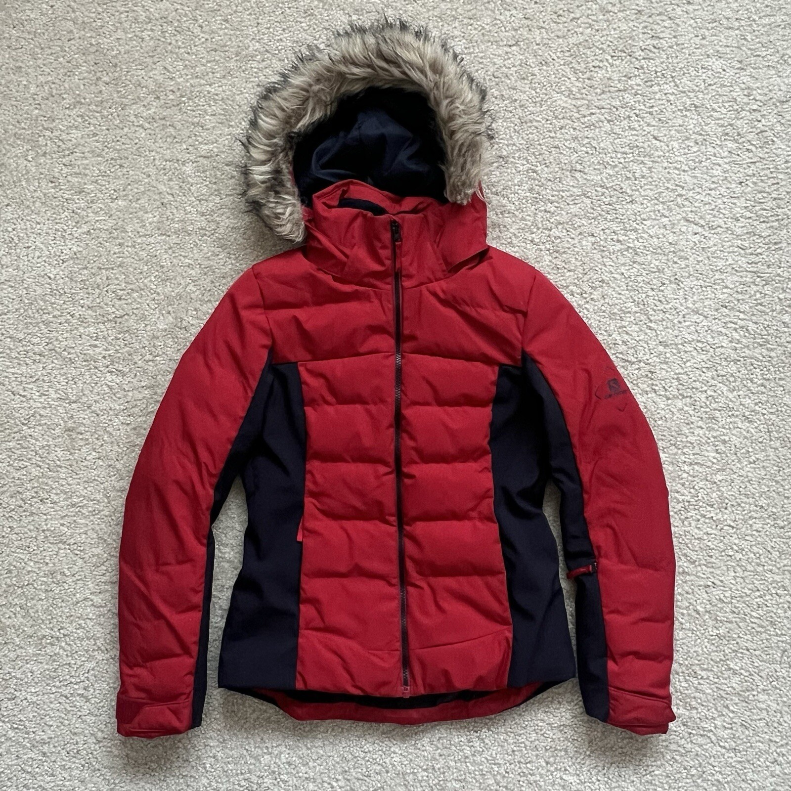 Salomon Stormcozy giacca cappotto sci neve puffer donna taglia XS rosso blu con cappuccio $250
