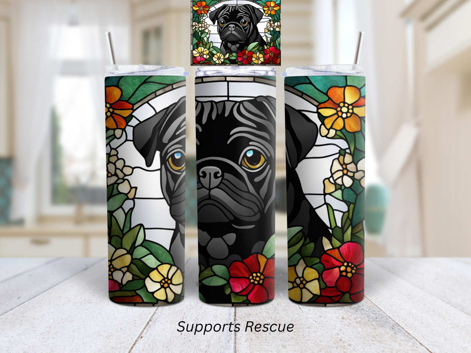 Stained Glass Black Pug Dog Vibrant 20 oz Stainless Steel Insulated Tumbler