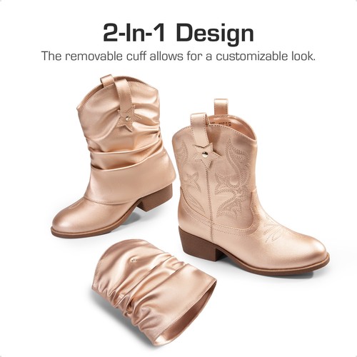 Girls Cowgirl Boots 2-in-1 Western Boots Removable Cuff Fold Over Fashion Boots - Picture 8 of 19