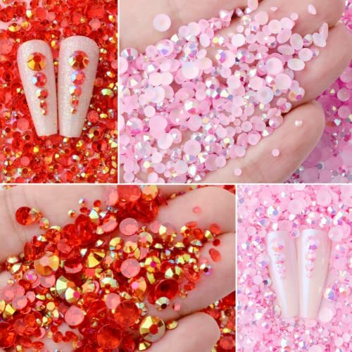 5 Boxes Shiny Colorful Nail Art Rhinestones Kit Crystals AB Flatback Jelly Pink