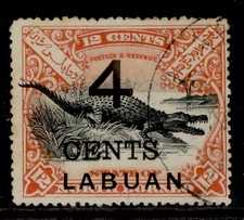 NORTH BORNEO SG105, 4c on 12c black and vermillion, USED. Cat &pound;35. PERF 14&frac12;-15