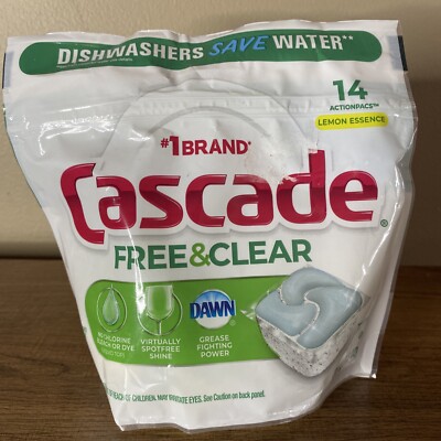 Cascade Free & Clear Dishwasher Pods 14 CT Lemon Essence No Chlorine Bleach Dye