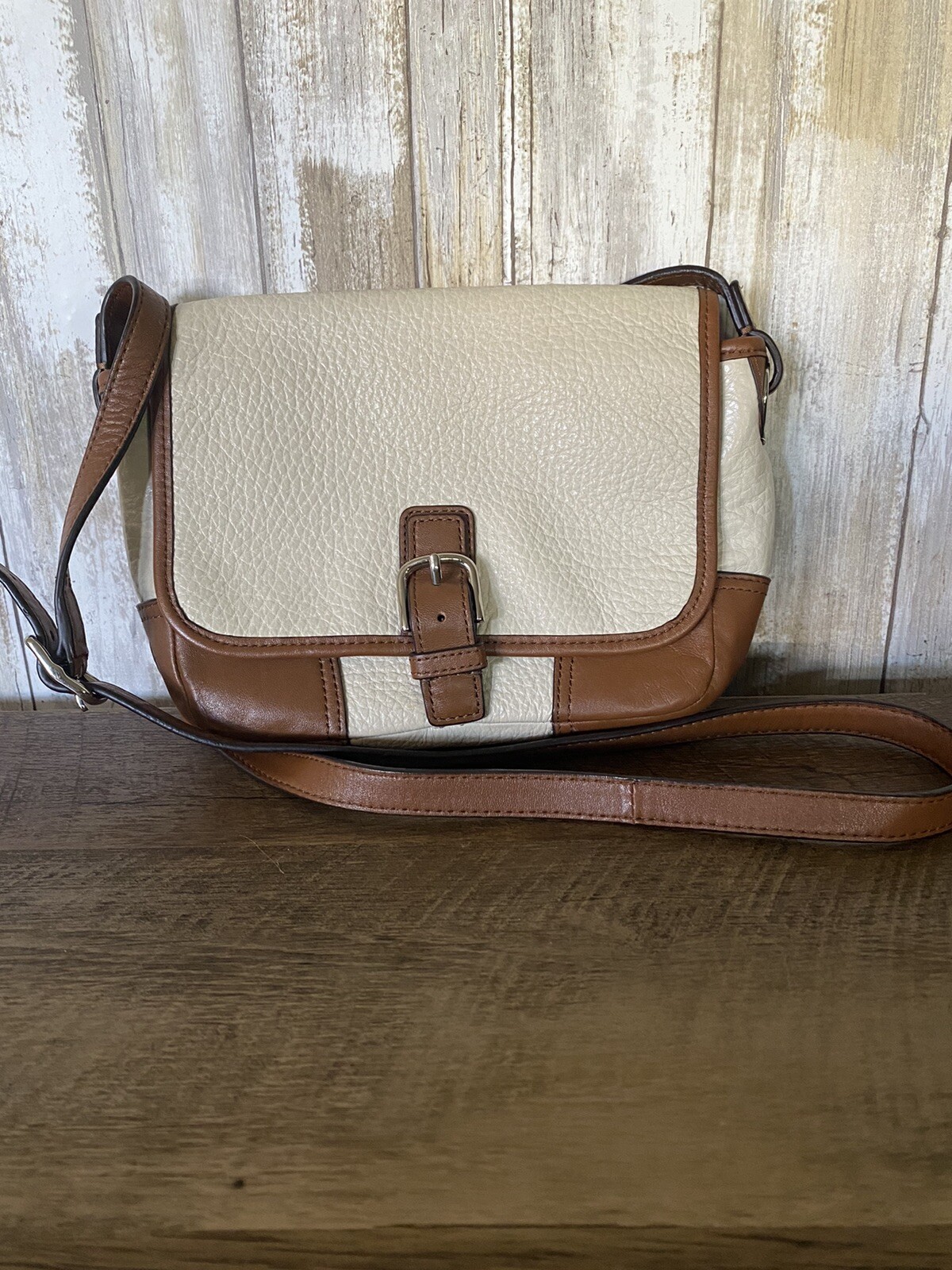 Vintage White and Brown Leather Coach Crossbody Gem