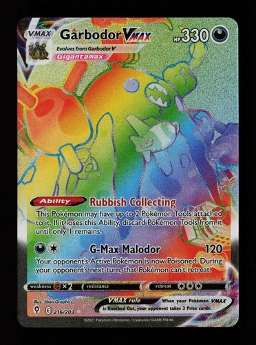 Garbodor VMAX 216/203 Rainbow Rare Evolving Skies Pokemon Cards