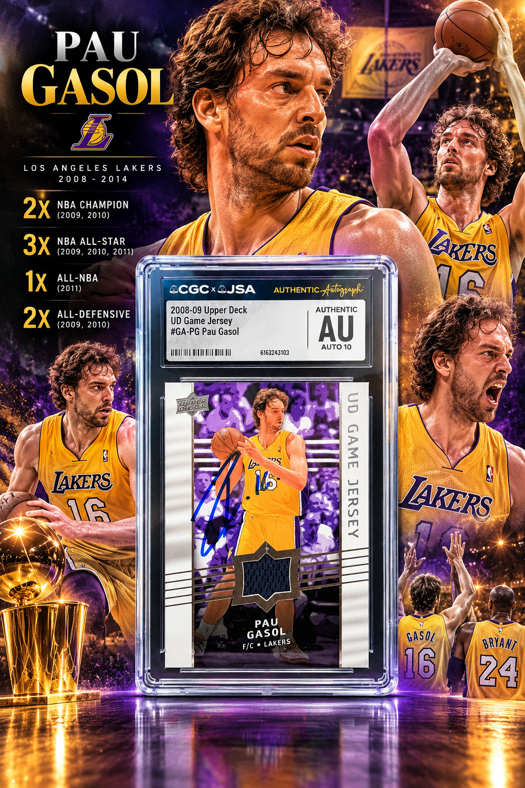 Pau Gasol Signed 2008-09 UD Game Jersey #GA-PG Game Jersey Relic Card (CGCxJSA)