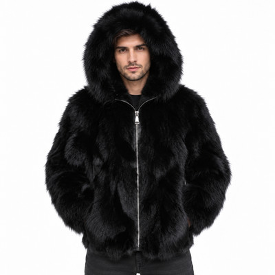 Black Fox Fur Hooded Jacket Men's Full Zip Winter Fur Coat