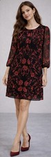 Black Red Floral Chiffon Midi Dress Romantic Sheer Sleeves Elegant Fit