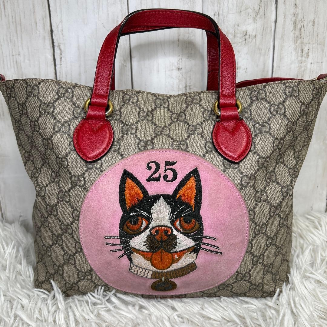 GUCCI Bosco Patch Tote Bag GG Supreme Leather Red Brown Authentic thumbnail 2