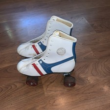 Vintage Official Roller Derby Skates White Blue Red Urethane Wheels Size 4