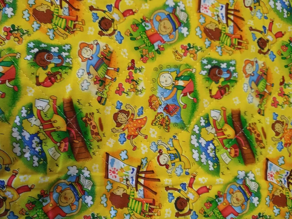 2 REMNANTS Back To School Pre-quilted fabric 18x18 & 5x24" Yellow Red Playground - Image 4 of 4