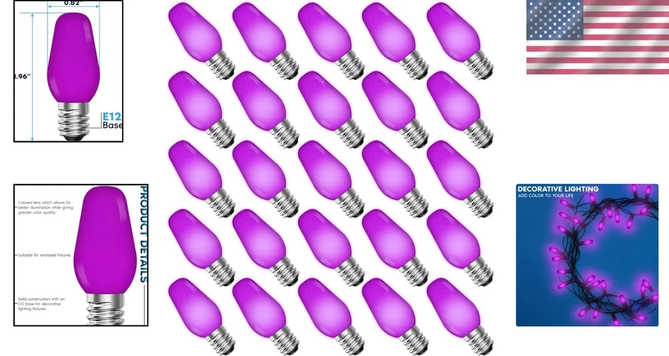 Vibrant Purple C7 LED Bulbs 25-Pack for String Lights - Image 2 of 4