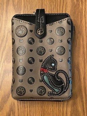 CHALA BLACK CAT SNAP CELL PHONE CROSSBODY BAG - RFID CC SLOTS - WARM GRAY