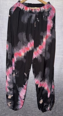 Baggy Women s Stretch Waist Harem Pants Balloon Dance Tie Dye black Pink 2XL