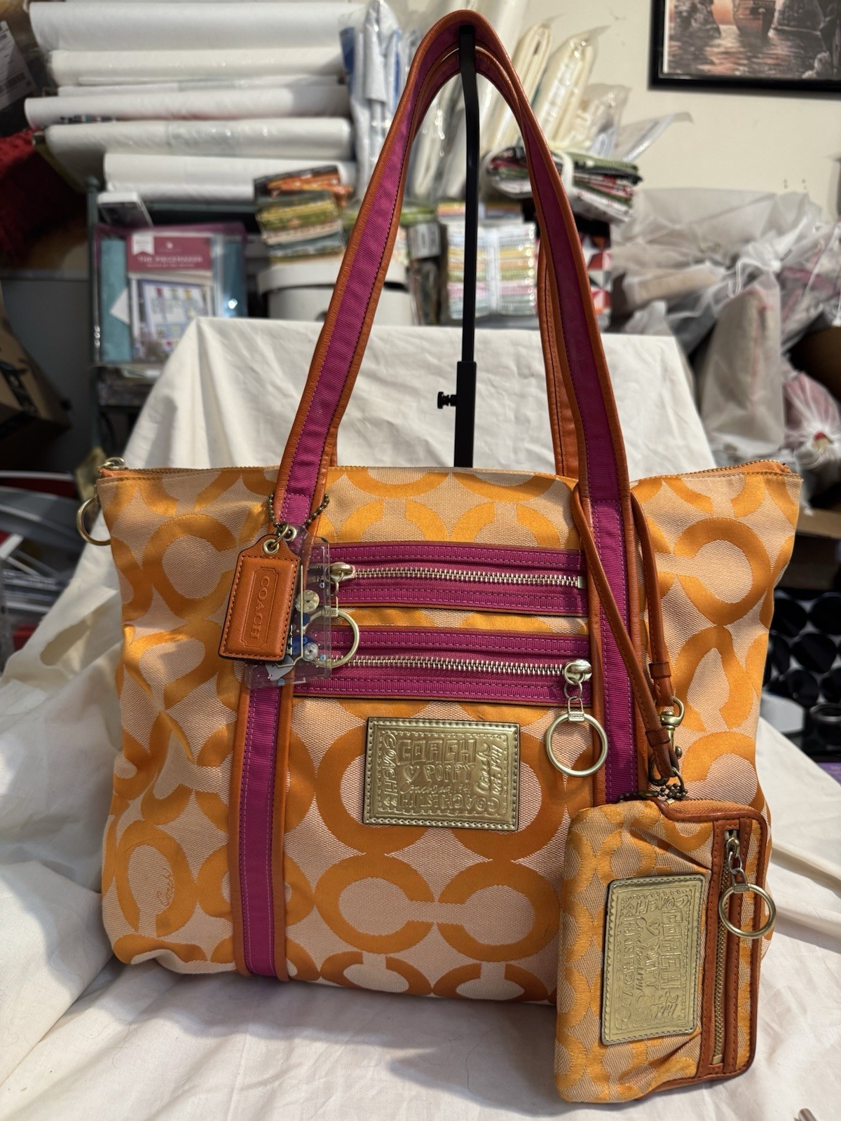Coach Orange W/Pink And Gold Poppy Set W/Wristlet Wallet All Hangtags Included